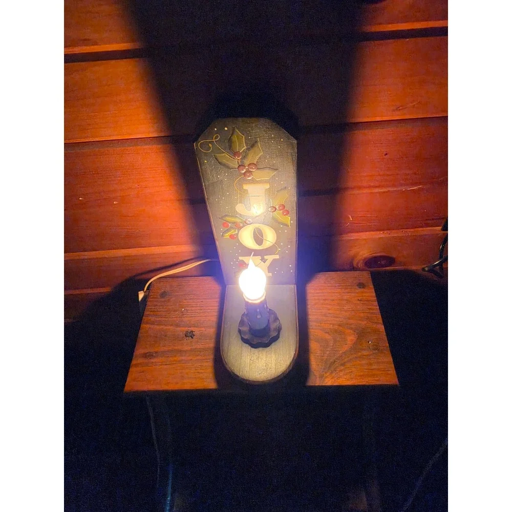 Vintage Primitive Wooden Christmas JOY Candle Lamp Rustic Holiday Decor Accent